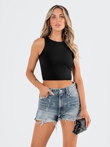 Débardeur court tricoté sans manches pour femme, couleur unie, col rond, décontracté, printemps-été, coupe élastique, longueur normale - Product Image 1