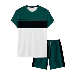Ensemble deux pièces pour hommes, vert et blanc, avec t-shirt à manches courtes et short, style décontracté, tenue streetwear d'été - Product Image 2