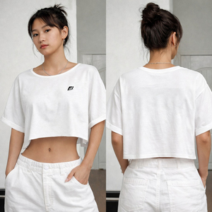 Women's White Crop <b>Top</b> Short Sleeve O-Neck Loose Fit Casual Solid Color Drop Shoulder Knitted T-Shirt Summer women's shirt - Product Image 4