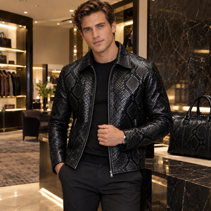 Men’s <b>Purple</b> Snake Embossed Leather Jacket Luxury Genuine Leather Biker Coat Zip Up Motorcycle Jacket - Product Image 4