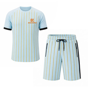 Conjunto de camiseta y pantalones cortos a rayas para hombre Ekin Impex, azul claro y amarillo, cuello redondo, ropa deportiva informal de verano, conjunto deportivo informal. - Product Image 1