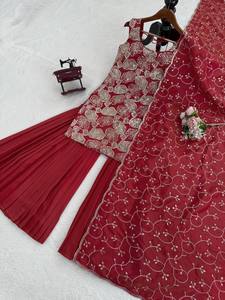 Elegant Shimmer <b>Silk</b> Suit Set Grace Thread Work Sharara Sparkle Shimmer Sharara Festive Shimmer <b>Silk</b> Ensemble Regal Thread Work - Product Image 4