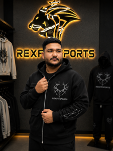 REXFITSPORTS 2026 Sweat à capuche graphique noir personnalisé à fermeture éclair intégrale 280–300 GSM en coton polyester molletonné imprimé sur toute la surface, style streetwear - Product Image 6