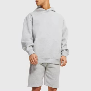 Men Gray Hooded Sweatshirt Set Casual Loose Fit Solid Color Cotton Tracksuit with Side Pockets Elastic Waist <b>Shorts</b> Spring Wear - Product Image 1