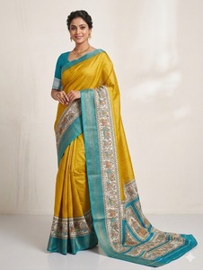 Sari Amarillo de Algodón con Borde Azul y Pallu Bordado para Mujer, Traje Tradicional Indio para Bodas, Protección Solar y Absorción de Humedad - Product Image 3