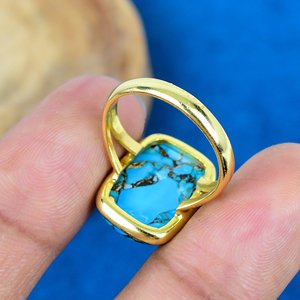 Handmade Blue Copper <b>Turquoise</b> Cushion Gemstone <b>Ring</b> 18k Gold Micron Over 925 Sterling Silver <b>Ring</b> - Product Image 4