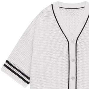 Men Crochet Knitted Baseball <b>Shirt</b> <b>Short</b> <b>Sleeve</b> Button Down Stripe Trim Casual Summer Knit Top OEM Wholesale Supply - Product Image 3