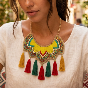 Collier bib ethnique en laiton fait main, personnalisé OEM ODM, avec pendentif croissant enveloppé de fil vert, bijou statement - Product Image 4