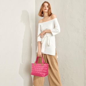 Borsa Tote Trapuntata da Donna con Cerniera, Leggera, a Tracolla, Stile Hobo, Imbottita, Colore Rosa Tinta Unita con Motivo a Righe - Product Image 6