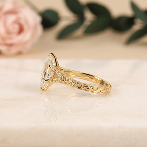 Gold Marquise Cut <b>Ring</b> with Ornate Engraved Band Design <b>Large</b> Center Stone Classy Wedding Engagement Fine Jewelry for Women Gift - Product Image 2
