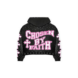 ชุดเซ็ตสเวตสูทแบบซิปแต่งครอปสไตล์ดิสเทรส ประดับคริสตัล สตรีทแวร์ ทรงแบ็กกี้ กางเกงขาบานและเสื้อฮู้ด - Product Image 5