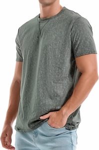 T-shirt gris à manches courtes pour homme, col rond, coupe classique, décontracté, respirant, 100 % coton jersey tricoté, design uni délavé - Product Image 3