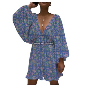 Nouvelle Robe Longue Décontractée et Sexy en Coton de Haute Qualité à Col en V Profond, Imprimée à la Main, Style Lanterne, pour Soirée - Product Image 4