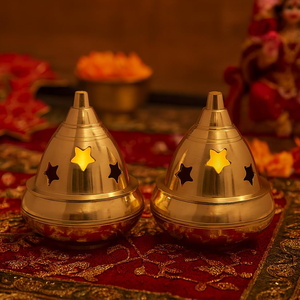 Brass Diya <b>Oil</b> <b>Lamp</b> with Dome Lid Star Cutout Design Traditional Deepak Pair for Home Temple Tabletop Decor Festival Lighting - Product Image 1