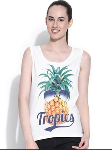 Camiseta sin mangas con estampado de piña para mujer, cuello redondo, informal, 100% algodón, transpirable, diseño de logotipo en la parte delantera - Product Image 2