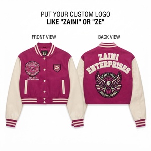 Women Croptop Varsity <b>Jacket</b> Premium Wool Blend 400 GSM Cream PU Leather Sleeves Custom Chenille Embroidery <b>Patch</b> - Product Image 1