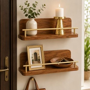 Acacia Wood Wall Shelf Brushed Brass Diagonal Slat Wholesale Moradabad - Product Image 2