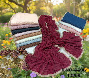 ชุดฮิญาบผ้าชีฟองพรีเมียมแบบย่น พร้อมขอบลูกไม้ลายสแกลลอป แพ็ค 12 ชิ้น หลายสี ผ้าคลุมไหล่เนื้อผสมคอตตอน น้ำหนักเบา ระบายอากาศได้ดี - Product Image 3