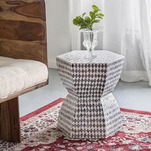 Diamond Checkered Hourglass Accent <b>Stools</b> Mother of Pearl Handcrafted Mosaic Small Side Table For Living Room <b>Bedroom</b> Decor - Product Image 2