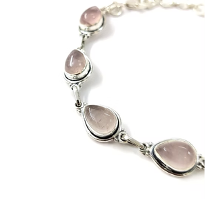 Elegant 13.4 Grams 925 Sterling Silver Multi-<b>Rose</b> <b>Quartz</b> Water Drop Gemstone Chain & Link <b>Bracelet</b> For Unisex - Product Image 4