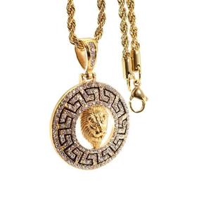 Collar con Colgante de Cabeza de León Chapado en Oro, Incrustaciones de Zirconia, Cadena de Acero Inoxidable, Amuleto Redondo, Joyería para Regalo de Fiesta - Product Image 1