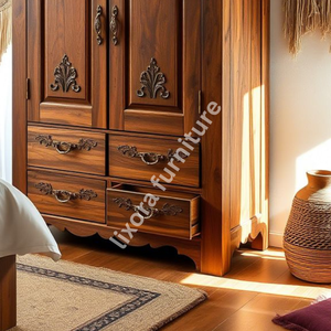 Luxury Handcrafted Solid Wood 2 Door <b>Wardrobe</b> with 4 Lower Drawers Ornate Carving Natural Finish - Product Image 4