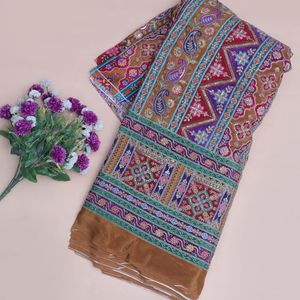 Tela de crepé ligera con bordado floral en color ocre, 54 pulgadas, material Daman para conjuntos de trajes Kurti, túnica, salwar kameez - Product Image 2