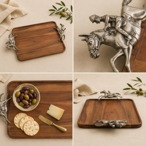 Luxury Acacia Wooden <b>Serving</b> <b>Tray</b> with Decorative Equestrian Horse Pewter Handles <b>Large</b> Rectangular Food Platter For Charcuterie - Product Image 5