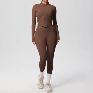 Conjunto de Yoga de 2 Piezas para Mujer, Gris a Cuadros, Leggings Largos, Top Corto de Manga Larga, Cintura Alta, Cierre Frontal sin Costuras, Spandex/Nylon - Product Image 2