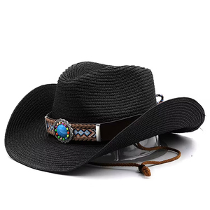 Unisex Brown Straw Cowboy <b>Hat</b> With Ethnic Embroidered <b>Band</b> And Blue Stone Buckle Outdoor Spring Summer 56-58CM - Product Image 4