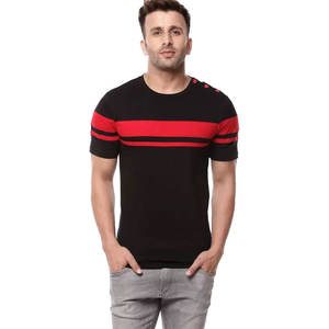 Mens Black Coral <b>Red</b> Chest <b>Striped</b> Shoulder Button Crew Neck Short Sleeve Cotton Casual Summer Fashion <b>Top</b> Custom Logo OEM ODM - Product Image 1