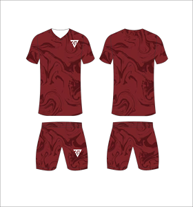 Custom sublimated <b>soccer</b> uniform set for men with dark maroon marble swirl print jersey and matching shorts for professionals - Product Image 1