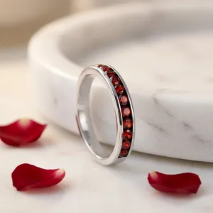 Gourik 925 Sterling <b>Silver</b> <b>Garnet</b> Classic Half Infinity Eternity Band <b>Ring</b> for Women Stackable Wedding Promise Bridal Fine - Product Image 3