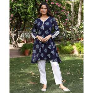 Conjunto de Kurta Azul Tinta XS con Pantalón Recto de Cintura Media, Transpirable, de Algodón/Fibra de Bambú - Product Image 5