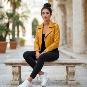 Veste de moto d'hiver pour femme en cuir gaufré matelassé respirant de luxe écologique avec fermetures éclair dorées, coupe ajustée et doublure en soie - Product Image 4