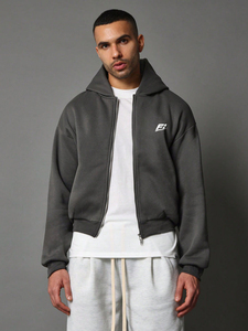 Sweat à capuche zippé épais et lourd gris foncé pour homme, coupe oversize et courte, avec logo personnalisé, épaules tombantes, double fermeture éclair, 100% coton, hiver, USA, Y2K - Product Image 2