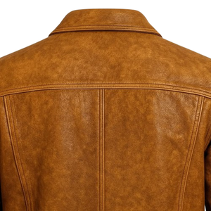 Veste en cuir véritable marron pour homme, style motard, col rabattu, fermeture éclair, couleur unie, vêtement d'automne - Product Image 5