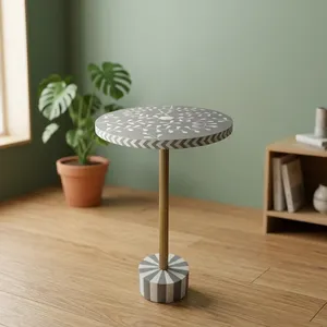 Mesa Auxiliar Moderna con Patrón Floral Redondo, Pedestal de Metal y Base Geométrica, Mueble Decorativo Contemporáneo para Sala de Estar - Product Image 1