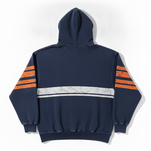 Men's Navy Blue Hooded Sweatshirt With Orange Wings Logo And Striped Sleeves Casual Cotton Pullover Front Print Design - Product Image 3