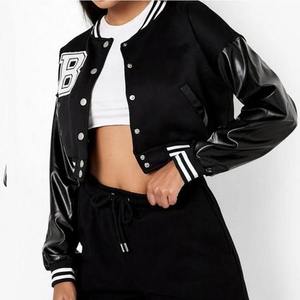 Chaqueta Varsity Negra Ecológica de Poliéster/Algodón Estilo Preppy con Estampado de Letra B, Manga Regular, Cuello Alto, Corte Corto, Estilo Casual - Product Image 4