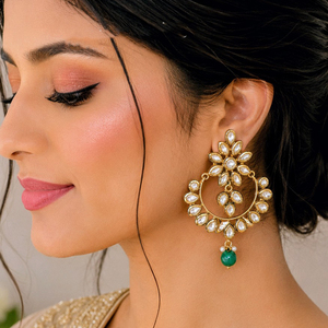 Boucles d'oreilles pendantes en cristal plaqué or, perles d'eau douce, design JeweleMarket, élégantes, traditionnelles, pour mariage indien - Product Image 2
