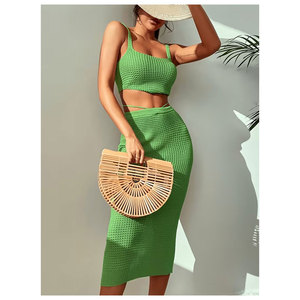 Conjunto de Dos Piezas Estilo Bohemio para Mujer, Top Corto de Punto Verde con Patrón Vintage y Falda Lápiz a Juego, Ropa Casual de Primavera/Verano - Product Image 5