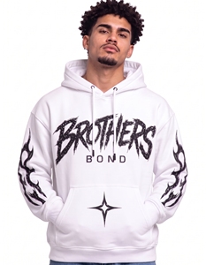 Sudadera con capucha unisex personalizada, gruesa, blanca y negra, con estampado gráfico de texto, bordado tribal de llamas en la manga, estilo streetwear, forro polar. - Product Image 1