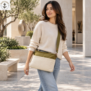 Two Tone Canvas Sling Bag with Front Pockets and Woven <b>Strap</b> | Olive Green <b>Crossbody</b> Shoulder Bag for Travel and Everyday Carry - Product Image 3