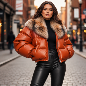 เสื้อแจ็คเก็ตหนังแท้ลายสก็อตสำหรับผู้หญิง คอปกขนสุนัขจิ้งจอกถอดได้ กันลม เสื้อกันหนาวแบบพัฟเฟอร์ สตรีทแวร์ ปิดด้วยซิป บาง 85% - Product Image 1
