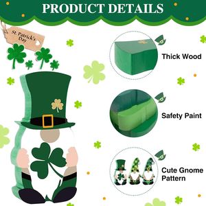 Décorations de la Saint-Patrick : 3 pièces de décorations de table en bois scandinave, motif Tomte, trèfle porte-bonheur, pour fêtes et événements - Product Image 3