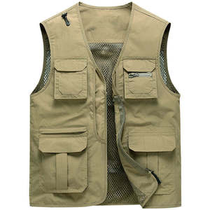 Chaleco Multibolsillos Color Caqui para Hombre, Cuello en V, Cierre de Cremallera, Transpirable, Chaleco Utilitario para Exteriores, Ropa Casual de Verano - Product Image 1