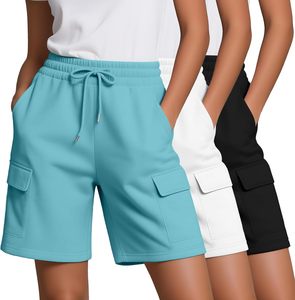 Women's Shorts Solid Color Cargo Shorts Mid Waist <b>Drawstring</b> Elastic Pockets Casual Knitted Breathable Regular Fit Summer Wear - Product Image 2