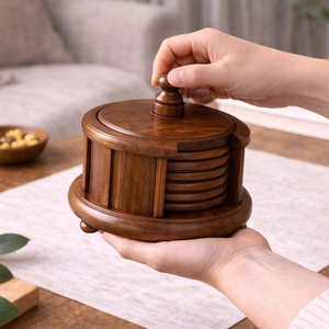 Luxury Round Shape Sheesham Wooden Coaster Set With <b>Box</b> Lid Holder. High Quality Antique Style Drink Mats For <b>Coffee</b> <b>Tables</b> - Product Image 5