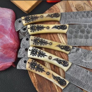 Custom Handmade Hand Forged Damascus Steel Kitchen Chef <b>Knife</b> Set 5-Piece with Engraved Camel <b>Bone</b> <b>Handle</b> & Leather Sheath Roll - Product Image 5